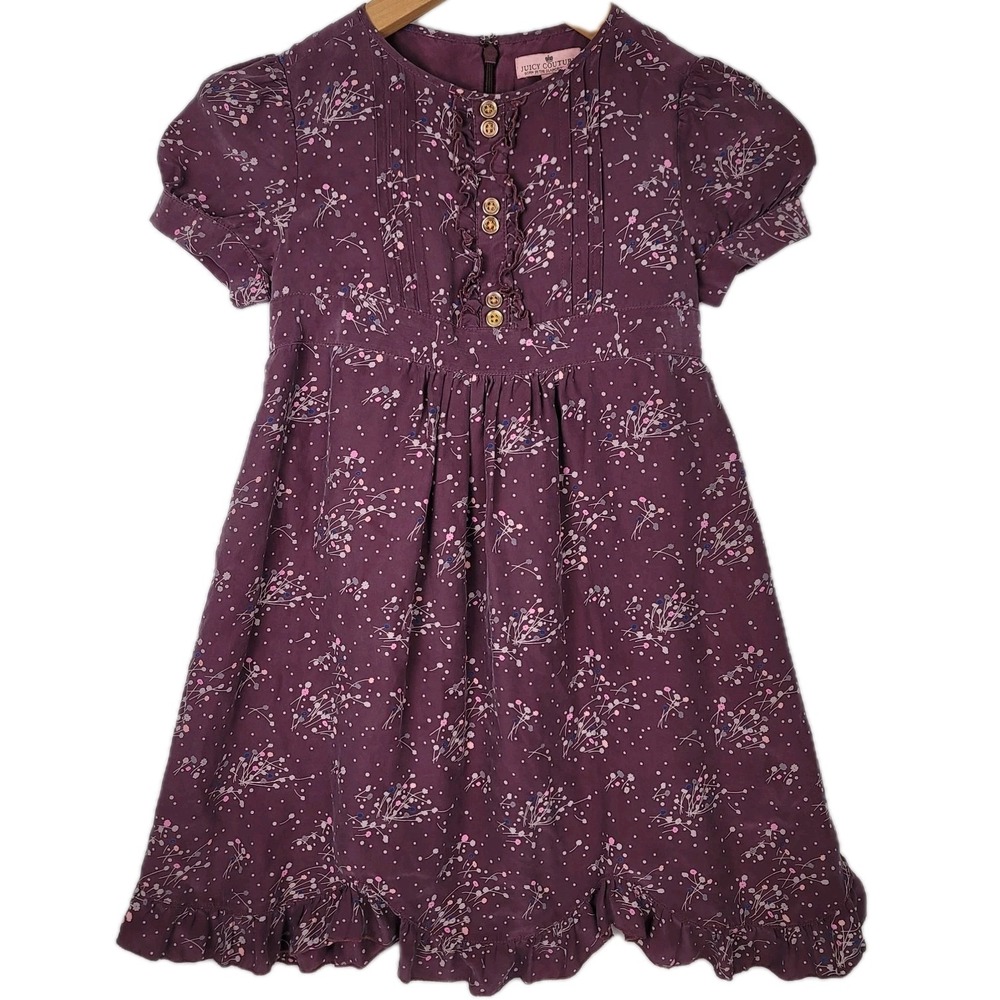 Juicy Couture Purple Floral Silk Pintuck Ruffle Hem Dress Short Sleeve Juniors 7